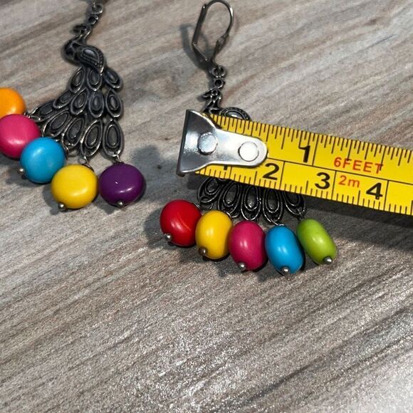Peacock earrings woman’s 3” dangling multi colored animal bohemian  SilverTone - Picture 5 of 6